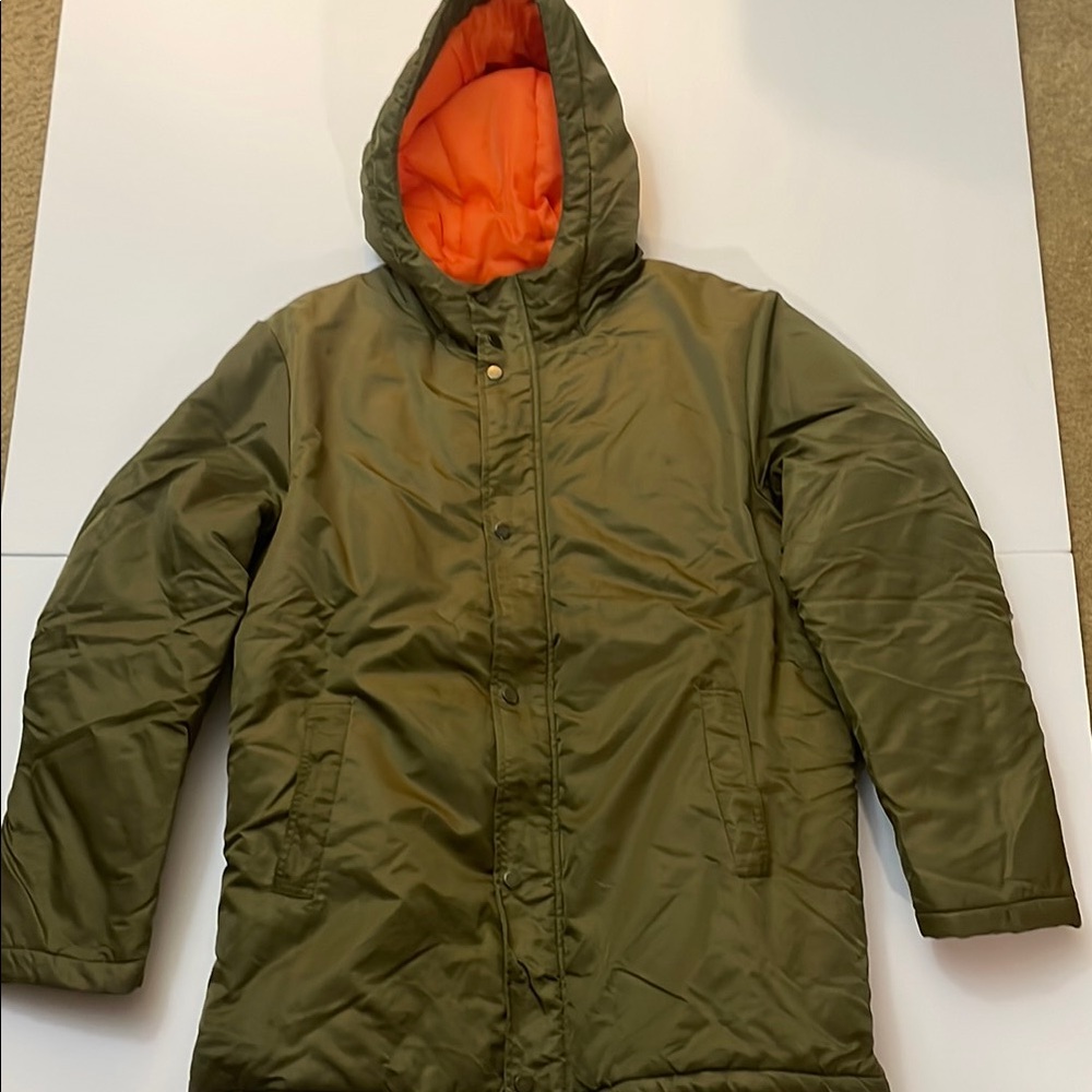 Forever 21 Men's Olive Parka Jacket with Orange Interior
